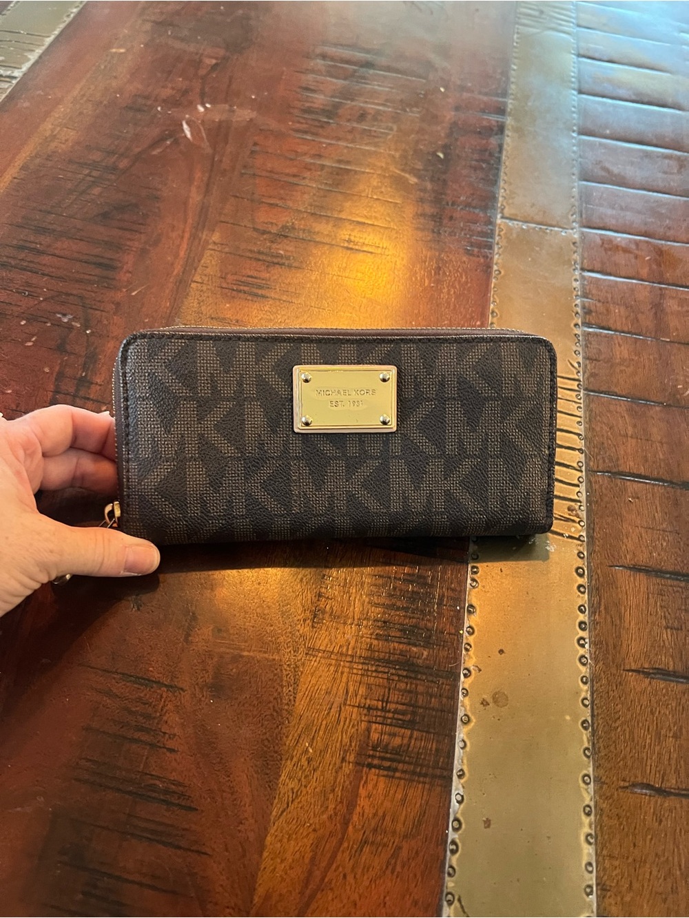 Michael Kors Dark Brown MK Logo Zip-Around Wallet with Gold Plaque